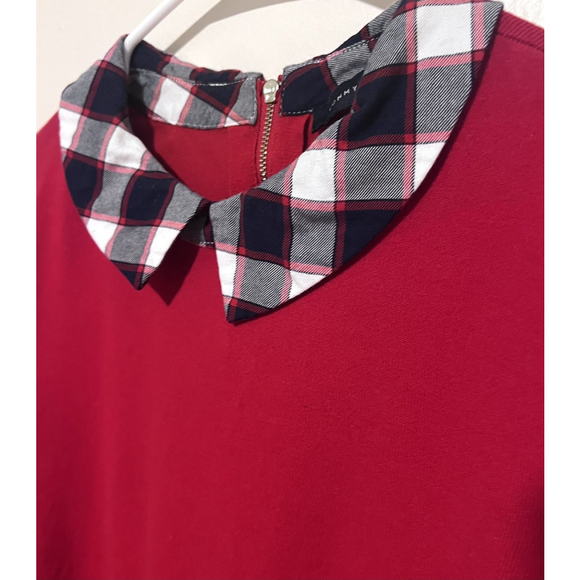 Tommy Hilfiger Layered Sweater Women’s Large Red Navy Shirttail Plaid Twofer - Picture 2 of 7